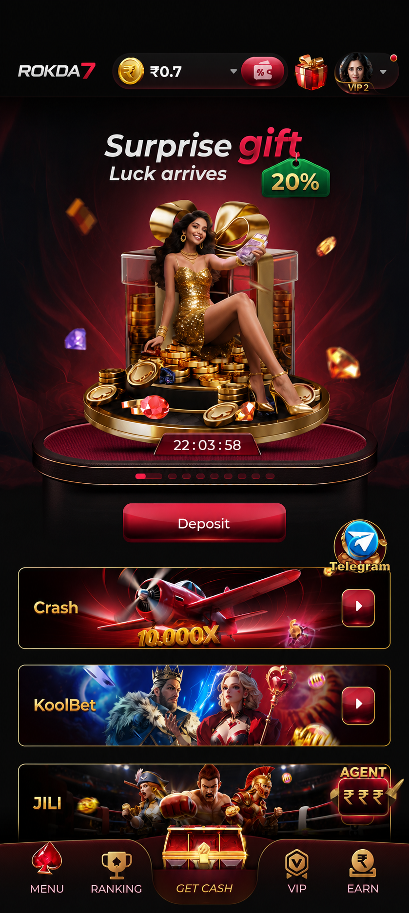 Rokda7 home screen — Surprise Gift 20% welcome bonus
