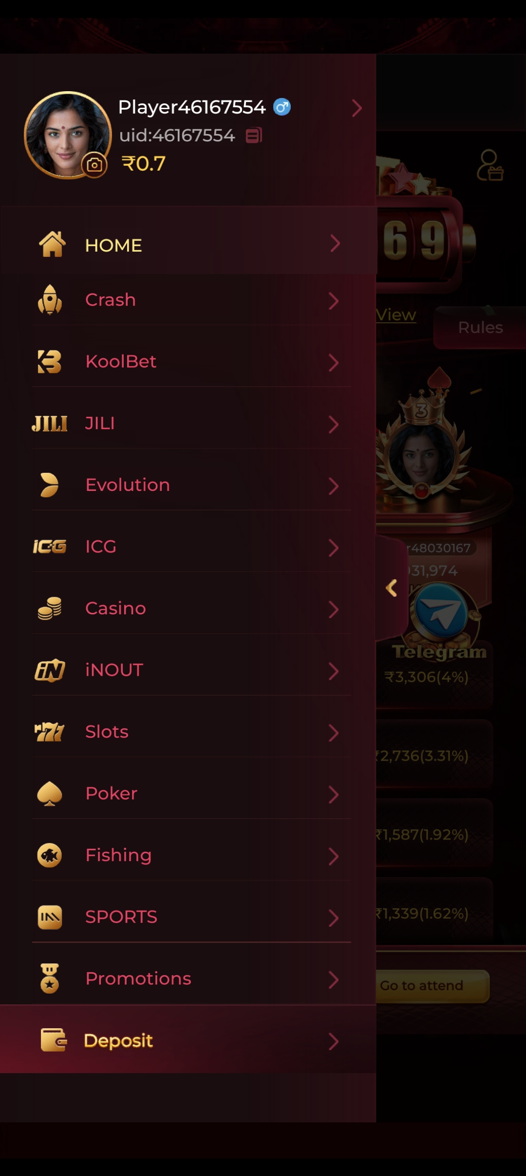 Rokda7 game categories navigation — Crash, Slots, Poker, Sports