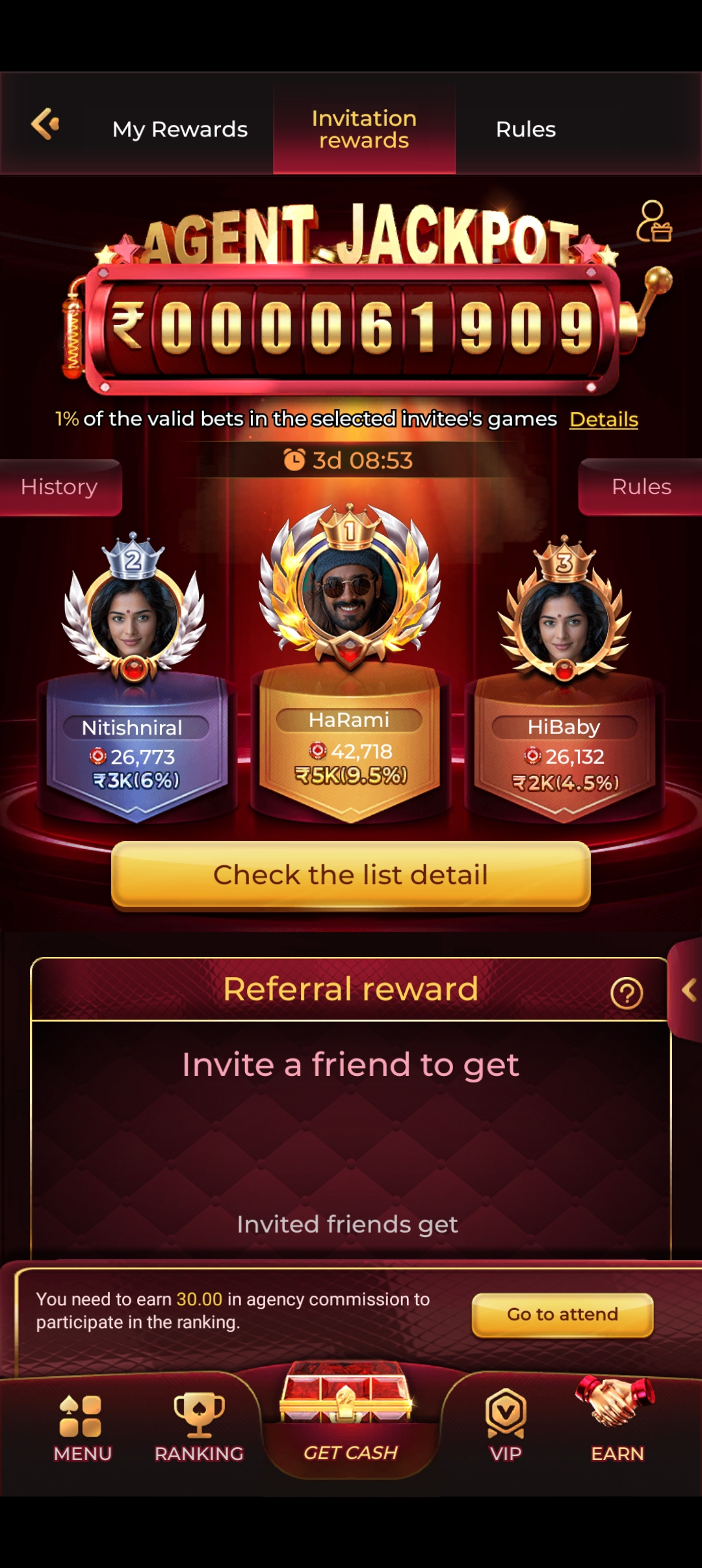 Rokda7 Live Agent Jackpot leaderboard